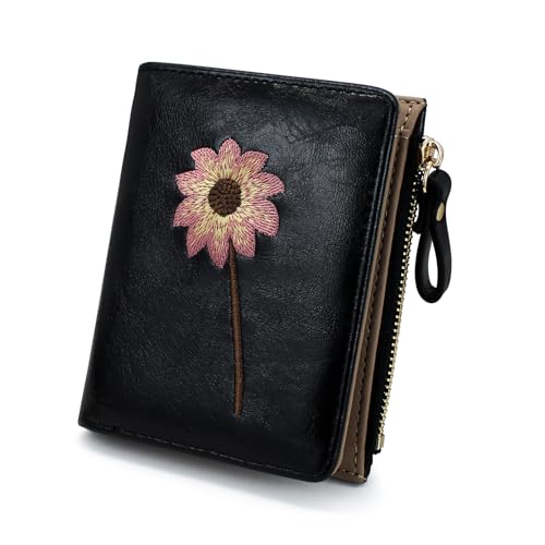 Small Wallet, PU Leather Card Wallet Credit Card Holders for Women and Girls, Fashionable Ladies Wallets Womens Wallets with Embroidery Patterns for Travelling, Shopping, Dating (black)