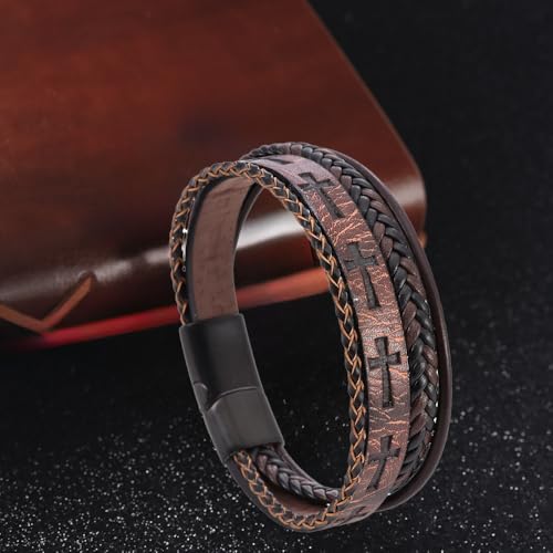 Cross Bracelet for Men,Black/Brown Multi-Layer Leather Cross Bracelet with Stainless Steel Buckle Religious Wristband Christian Jewelry 21 cm 8.26 inches3