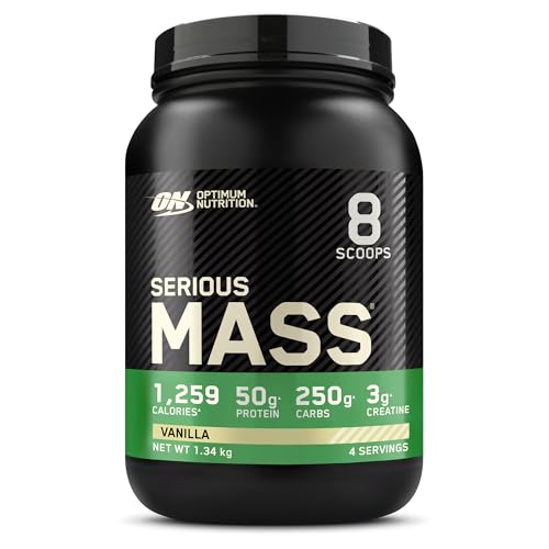 Optimum Nutrition Serious Mass Protein Powder High Calorie Mass Gainer with Vitamins Creatine Monohydrate and Glutamine Vanilla 4 Servings 1.34kg Packaging May Vary