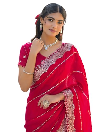 Image of Satrani Women's Shimmer Chiffon Scalloped Border Sequins Embroidery Saree with Unstitched Blouse Piece