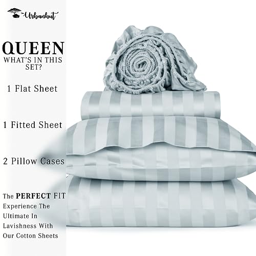 URBANHUT 800 Thread Count Egyptian Cotton Damask Striped Queen Size Sheets Set (4 Pc) - Ultra Soft & Smooth, Sateen Weave Queen Size Sheets, Luxury Hotel Sheets with 16" Deep Pocket - Light Blue