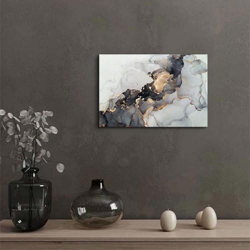 Peinture murale abstraite en marbre noir et or Zhadongli de 70x100 cm avec cadre