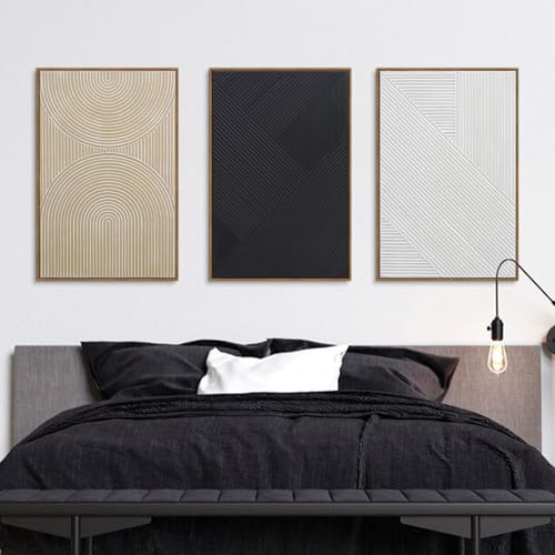 Neutral Textured 3D Wall Art Boho Abstract Hand-Painted Framed Wall Decor Minimalist Geometric Artwork Paintings- Living Room Bedroom Office - Modern Boho Black White Neutral Line 16"x24" 3 piece by Zessonic - Image 5