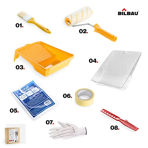 Bilbau Malerei-Set für Haus, Tablett und Planen-Einsatz, Papier-Band, 4131 x Handschuhe aus Polyester, nahtlos, EU-Standard, Rührer, flacher Pinsel, komplettes Set für Innenmaler
