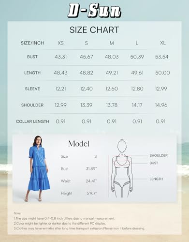 Image of D-Sun Women Casual Button Down Maxi Dress Short Puff Sleeves Stand Collar Tiered Elegant Flowy Swing Long Dress with Tie
