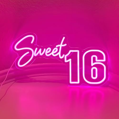 Image of Sweet 16 Neon Sign, Sweet Sixteen Party Supplies, USB Powered with Dimmer Switch 16th Birthday Party Sign 16.5x9.4 inch