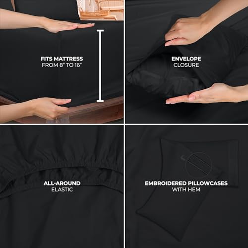 Image of ROYALE LINENS 3 Piece Twin Sheets Set - Soft Brushed 1800 Microfiber Bedding - 1 Fitted and 1 Flat Sheet, 1 Pillow case - Wrinkle Free & Fade Resistant - Hotel Luxury Bed Sheets Set (Black, Twin)