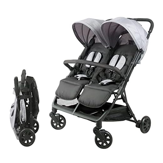 Bambisol Poussette Double Côte à Côte | Idéale pour Jumeaux dès Naissance avec Pliage Ultra-Compact | Coloris Noir et Gris