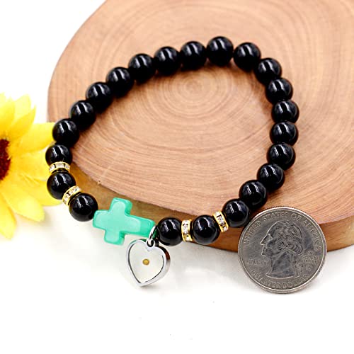 Image of Uloveido Black Agate Side Cross Bracelet Mustard Seed Charms, Personalized Letter A-Z Tiger's Eye Bangle Y944
