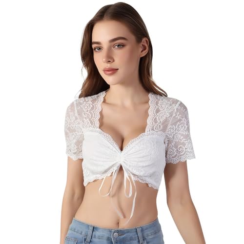 ZCJ Dirndl Bluse Damen, Dirndlbluse Kurzarm mit Spitze - Weiße Trachtenbluse Für Bayrische Tracht Oktoberfest & Dirndl