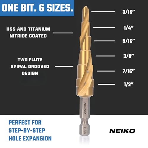 Image of NEIKO 10605A Step Drill Bit, 6 Steps 3 /16 inch to 1 /2 inch Spiral High Speed Steel, Titanium Nitride Coated, 1 /4 inch Quick Change Step Bits for Steel, Metal, Wood, Plastic, Unibit Cone Drill Bits, Two Flute