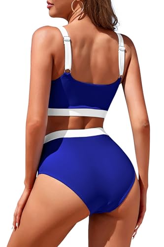 Image of Womens High Waisted Bikini Sets Sporty Crop Top Color Block Swimwear Bandeau Scoop Neck Vintage Two Piece Bathing Suits