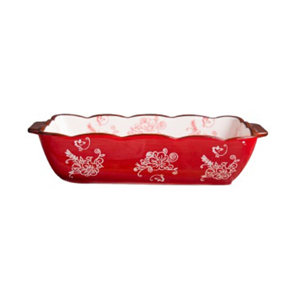 OLSKFUH Kitchen Red Cherry Blossom Home Ceramic Baking Pan Rectangular Double-Handled Tableware Baked Rice Dish Cooking,Large