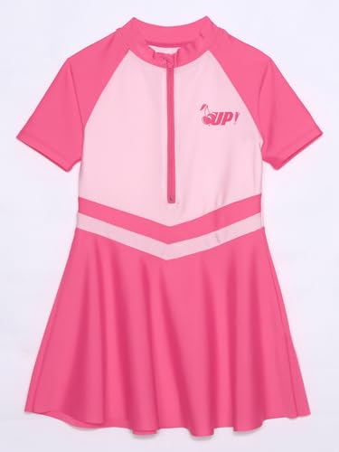 Choomomo Girls 2-Piece Round Neck Rash Guard Sets Short Sleeve Front Zipper Dress with Trunks3
