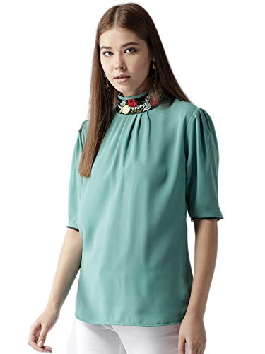 Image of Style Quotient Women Solid Aqua Green Polymoss Embroidered Smart Casual top