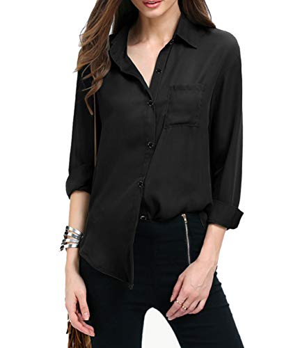 Yidarton Women's Cuffed Long Sleeve V Neck Chiffon Blouses Tops Button Down Tunic Shirts(Black,S)