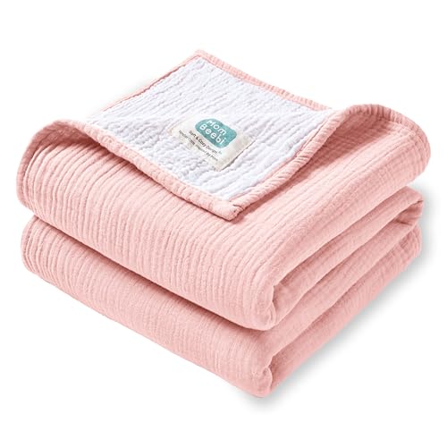 Image of Mom Beebi Muslin Baby Blankets for Girls, 100% Cotton Breathable Swaddle Blanket, Perfect 37''x37'' Soft Baby Girl Blanket, 4-Layer Receiving Blankets (Light Pink)