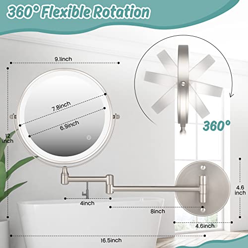 8" Wall Mounted Makeup Mirror,1X/10X Magnification Double-Sided 360° Swivel Vanity Mirror 3 Color Lights Touch Screen Dimming Extendable Shaving Bathroom Wall Cosmetic Mirror For Men And Women-Nickel #TOP4
