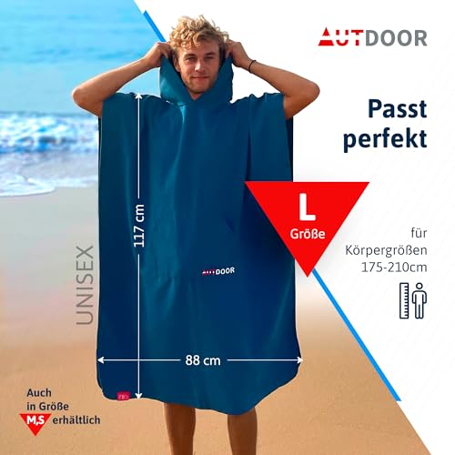 AUTDOOR® Mikrofaser Badeponcho Damen & Herren - nachhaltig aus 100% recycelten PET-Flaschen - Handtuch als Umziehhilfe für Strand und Wassersport - schnelltrocknend & kompakt (Blau, Large)