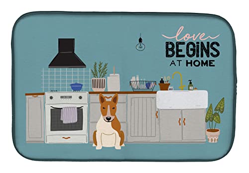 Caroline's Treasures CK7839DDM Red White Bull Terrier Kitchen Scene Dish Drying Mat Absorbent Dish Drying Mat Pad for Kitchen Counter Dish Drainer Mat for Countertop, 14 x 21", Multicolor