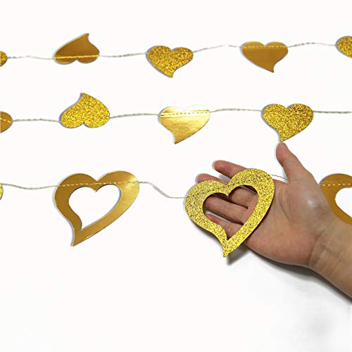 Glitter Gold Heart Garland Shiny Valentines Day Decoration Mothers Day Banner Backdrop Hanging Decor For Engagement Bachelorette Wedding Bridal Shower Streamer Anniversary Party Supplies #TOP1