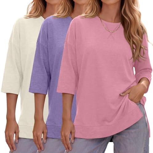 Huukeay 3 Pack 3/4 Length Sleeve Womens Tops, 3-Color, Small