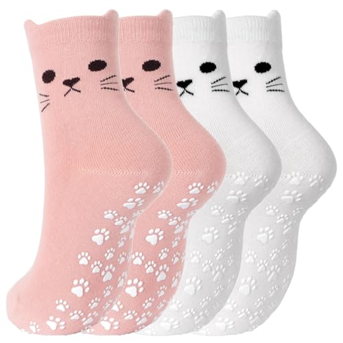 Womens Grip Cats Socks 2 Pairs Cute Yoga Non-Slip Cat Paw Socks Breathable Grippy Dance Sock for Workout Pregnant Cute Cat Gifts