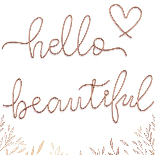 Hicarer Metal Hello Beautiful Wall Art Minimalist Wall Decor, Rose Gold | for Bedroom Bathroom Living Room Dressing Room Salon Vanity Office Home Decoration, Easy to Install