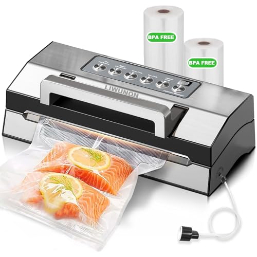 2025 Upgraded Precision Fast-Vacuum Sealer, LIWUNON Commercial Full Automatic Food Vacuum Sealer Machine, Double Heat Seal, Built-in Cutter&Bag Storage, Powerful Food Vacuum Saver, 2 Bag Rolls&hose