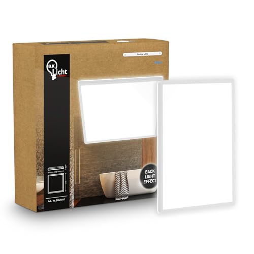 B.K.Licht - Panel LED plano con iluminación indirecta, luz blanco neutro, IP44, plafon led techo baño, lámpara techo, lámpara baño, plafon cucina, 24 x 24 x 3 cm, blanco