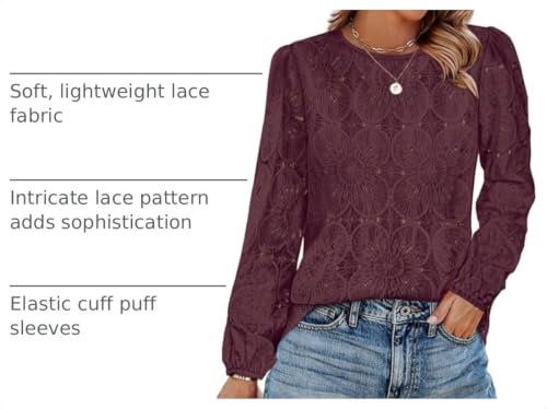 Image of OFEEFAN Blouses for Women Dressy Casual Spring Tops 2026 Summer Outfits Flower Lace Crochet Long Sleeve Shirts