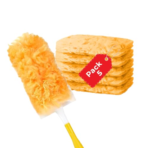 Image of Microfiber Feather Duster with 5 Replaceable Refills-Multipurpose Dusting Brush with Bendable Head Ideal for Cleaning Home Car Blinds Furniture Hard-to-Reach Areas Yellow, 13 inches