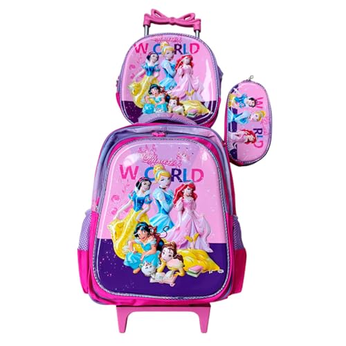 Kit Mochila Escolar das Princesas em 3D Menina com Rodinhas + Lancheira Térmica + Estojo Escolar em Alto Relevo Moan