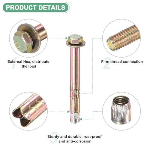 Image of M METERXITY 20-Pack Hex Expansion Bolt, M6x70mm Colored Galvanized Iron-Carbon Steel External Hex Expansion Bolts, Anti-Corrosion Metal Bolt for Concrete /Dry Brick /Block Walls