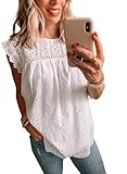 Diukia Women's Plus Size Loose Crewneck Embroidery Ruffle Lace Trim Tank Tops Solid Hollow Out Eyelet Sleeveless Blouses Tops Summer Cute Sleeveless Blouse Shirts White 2XL