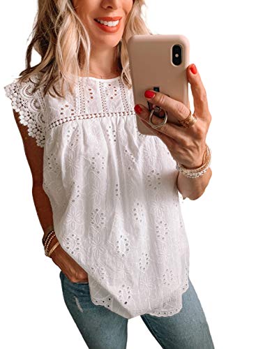 Diukia Women s Summer Casual Crewneck Solid Hollow Out Tank Top Cute Eyelet Ruffle Lace Trim Sleeveless Tops Blouses Cap Sleeve Shirts White XL