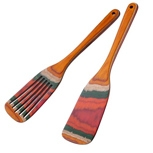 2pcs 13.25'' Wooden Spatula Set for Cooking Non Toxic Pakkawood Kitchen Utensils Slotted Pancake Turner Flat Wood Spatulas Spoon for Cooking Utensil Set Spurtle Scraper Fish Egg Flipper Spatula