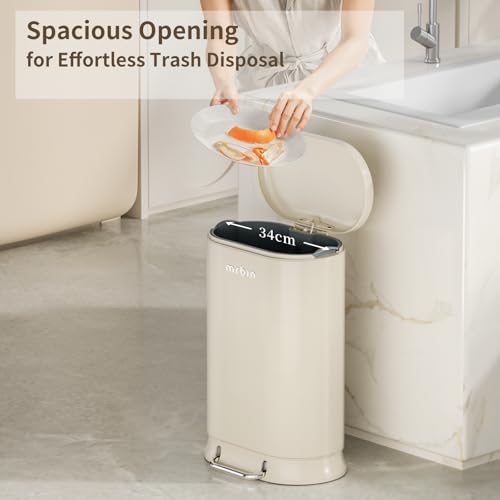 Image of MRBIN Metal Kitchen Trash Can with Lid, 30L / 7.9gal Commercial Step Waste Basket for Bathroom, Medium Office Garbage Pail with Stainless Steel Foot Pedal for Near Desk, Bedroom, RV, White