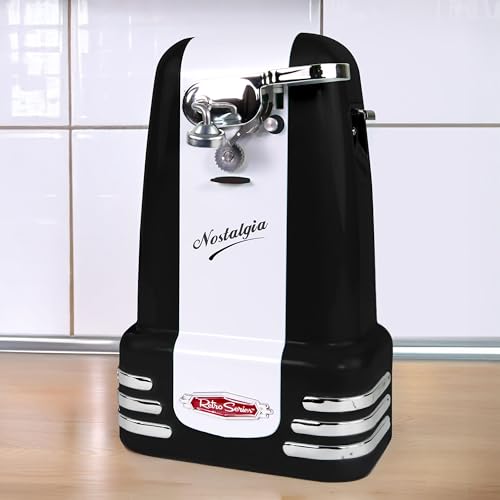 Image of Nostalgia Retro Electric Can Opener for Kitchen with Magnetic Lid Remover, Knife Sharpener, and Soda or Beer Bottle Opener, Black