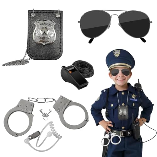Pluvyze Polizei Kostüm Kinder,Polizei Zubehör Kostüm,Handschellen Kinder,mit Party-Brille, Handschellen und Abzeichen für Kommissar, Karneval, Mottoparty Cosplay Herren Damen