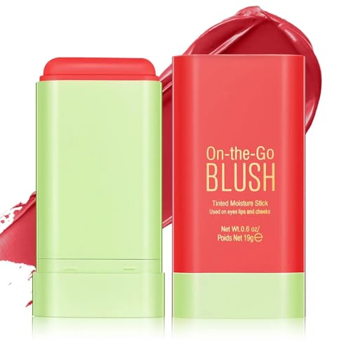 3-in-1 Blush Stick for Cheeks, Lips, and Eyes - Long-Lasting Waterproof Lipstick Blusher Stick, Lightweight Cream Blush for Moisturized and Blendable Cheeks Makeup - Hot Red for Women and Girls
