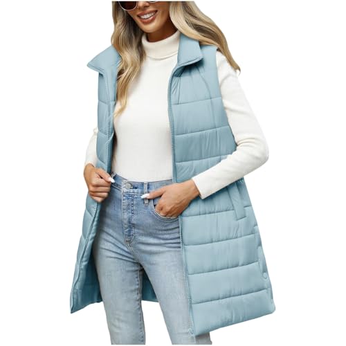 Quilted Gilet for Women Oversized Puffer Jackets Longline Warm Gilets Padded Jacket Padded Sleeveless Warm Bodywarmers Vest Hoodies Coats Casual Waistcoat Zipper Outerwear with Pockets