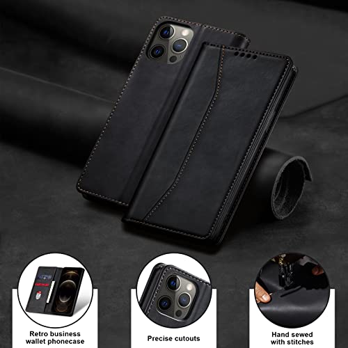 Image of Jasonyu Flip Wallet Case for iPhone 12 Pro Max,Leather Magnetic Folio Cover with Card Holder,Kickstand - TPU Shockproof Durable Protective Phone Case,Black