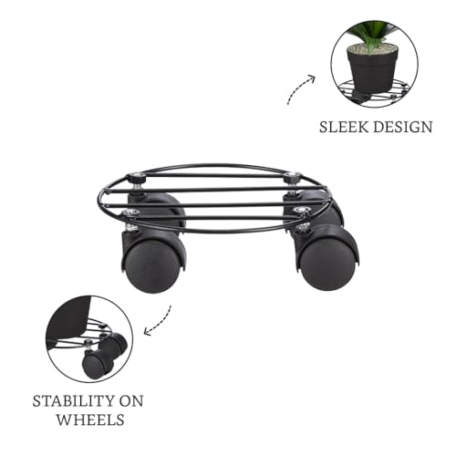 Image of Amazon Brand - Solimo Strong Metal Plant Stand with Wheels (Black, Set of 2, Round) | Home Garden Wheels Plant Stand | Plants Gamla Stand For Living room / Balcony