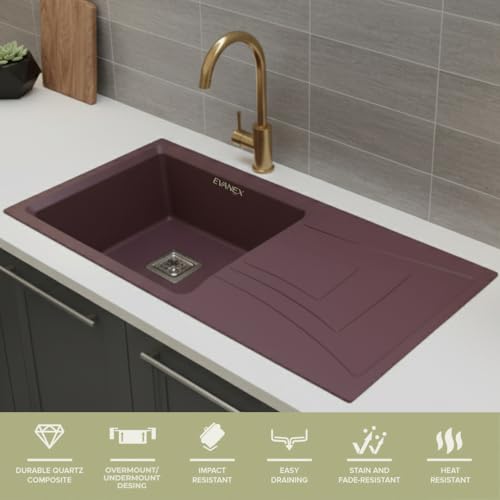 Image of EVANEX Quartz Sink for Kitchen|36x18x9 inch Kitchen Sink with Drain Board|Granite Sink for Kitchen Basin /Brown Quartz Kitchen Sink with Connector, Waste Pipe, Coupling and Drain Basket