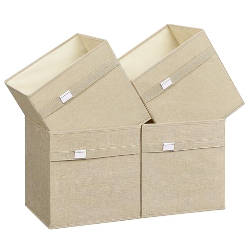 SONGMICS Storage Cubes, Set of 4 Cube Storage Bins, 13 x 13 x 13 Inches, 2 Handles, Oxford Fabric and Linen-Look Fabric, Easy to Clean, Foldable, Metal Label Holders, Sand Beige UROB233Y04 S