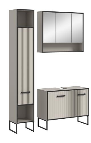xonox.home Badezimmer Bagno 3tlg. Kombination Badmöbel Set kleine Bäder Komplettprogramm Bademöbel-Set in Kaschmir beige Nb. Absetzung schwarz Nb.