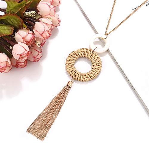 Uyt Tassel Pendant Necklace Handmade Straw Wicker Braid Statement Pendant Y-Shaped Long Chain Necklace For Women #TOP6