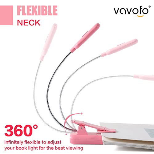 Image of VAVOFO Rechargeable Book Light for Reading in Bed Kids, 7 LED Reading Light with 9-Level Warm Cool White Daylight, Eye Care Lamp with Power Indicator for Bookworms (Pink)