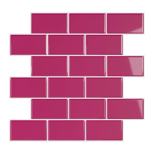 VEELIKE Hot pink Subway Tiles, Peel and Stick Backsplash, 6-Pack 3D Tile Wallpaper with Strong Adhesive, 30.5x30.5cm Removable Wall Sticker for Kitchen Island, Bathroom, RV (Solid Color)